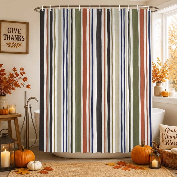 Orange Green Striped Shower Curtains for Bathroom, Modern Vintage Stripes Farmhouse Waterproof Fabric Shower Curtain, Decorative Bathroom Curtain for Bathtub, 72"x72", No Hooks Included