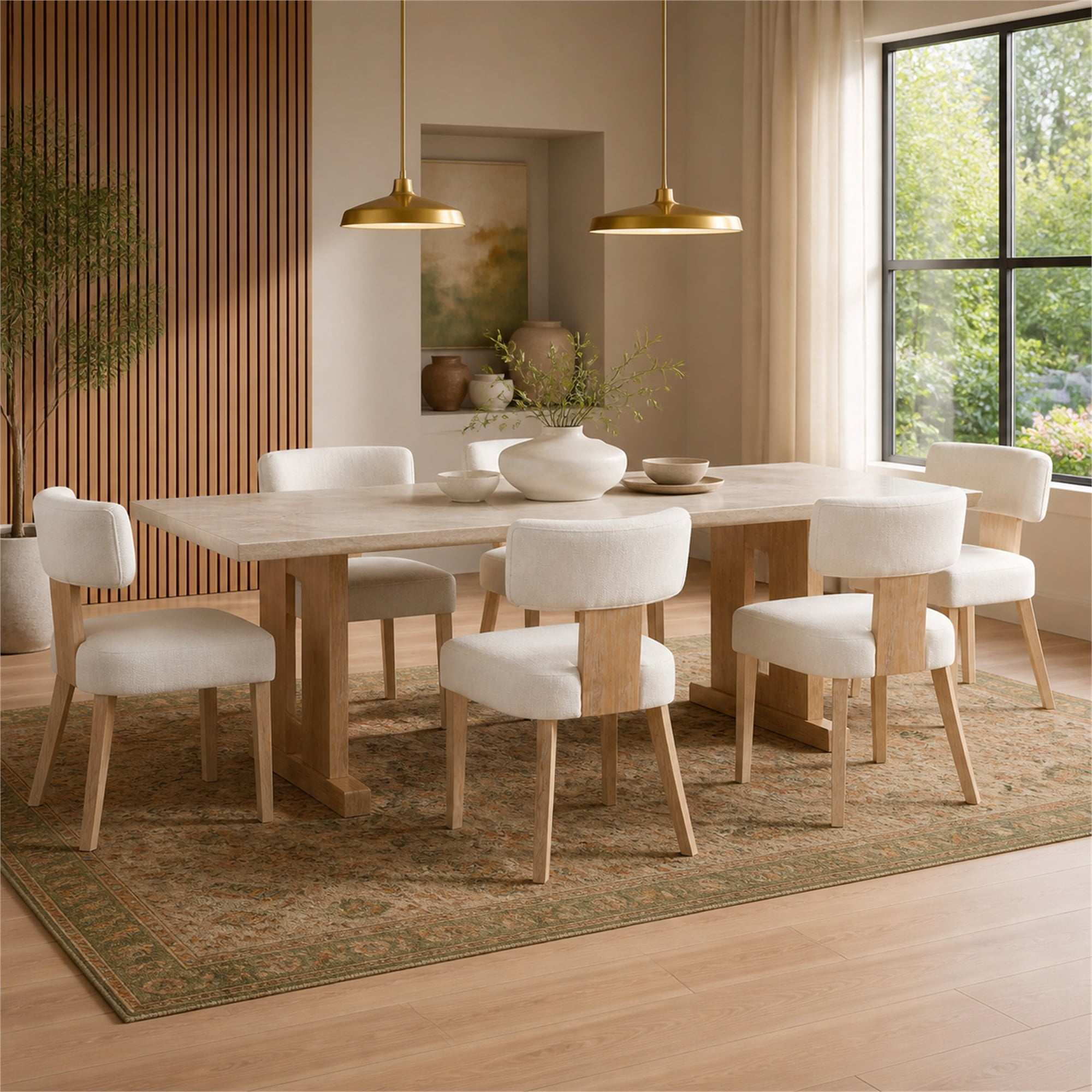 TrumanPick Mid Century Modern Dining Chairs Set of 6, Beige Upholstered Farmhouse Dining Room Chairs with Curved Backrest & Thick Cushion, Solid Wood Legs for Kitchen, Restaurant