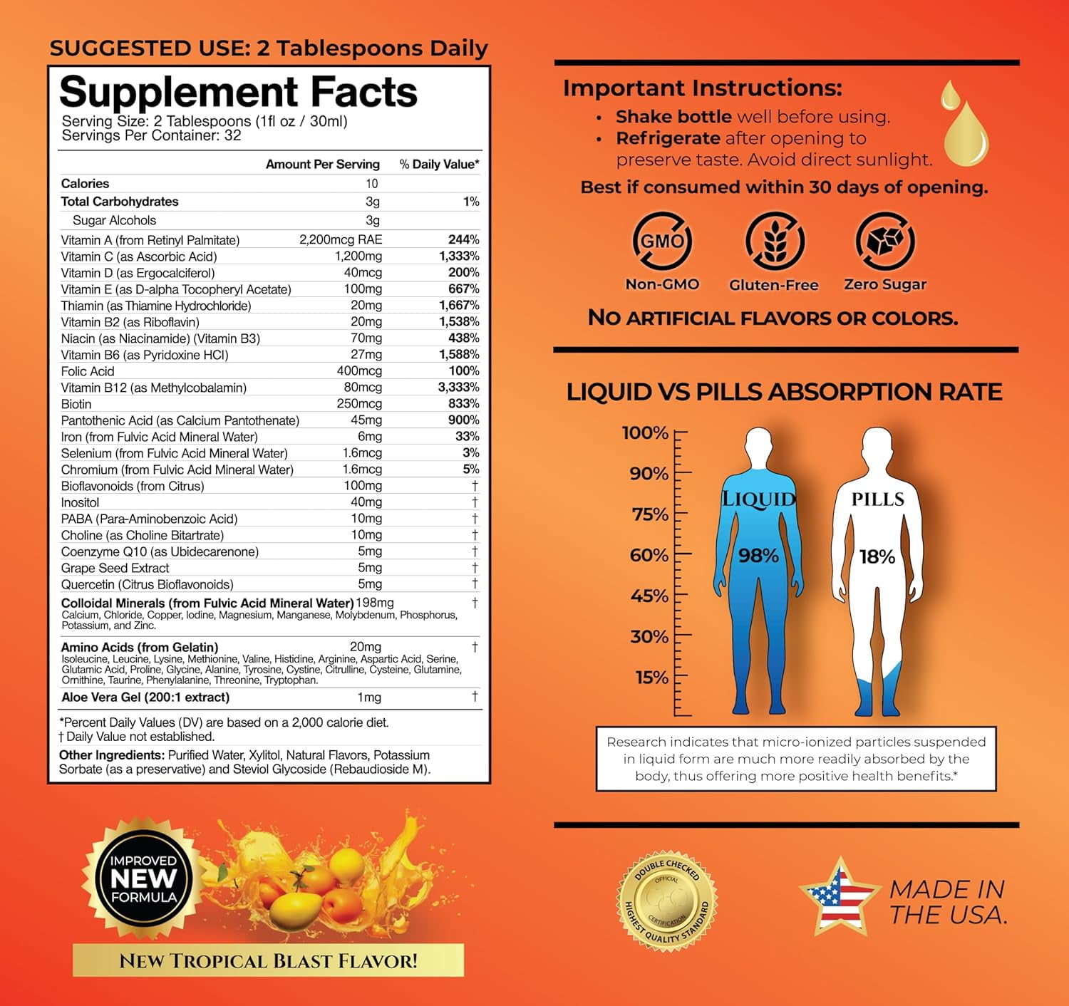 Tropical Oasis Mega Multivitamin, Advanced Liquid Vitamin Supplement with over 80 Vitamins, Minerals and Amino Acids, Tropical Blast Flavor, 32 fl Oz, 32 Servings