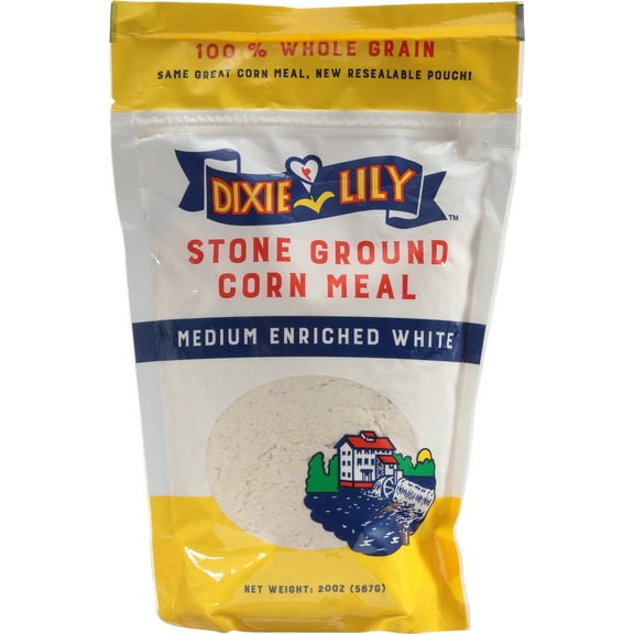 Dixie Lily Whole Grain Stone Ground Corn Meal, Medium Enriched White, 20 oz Resealable Pouch