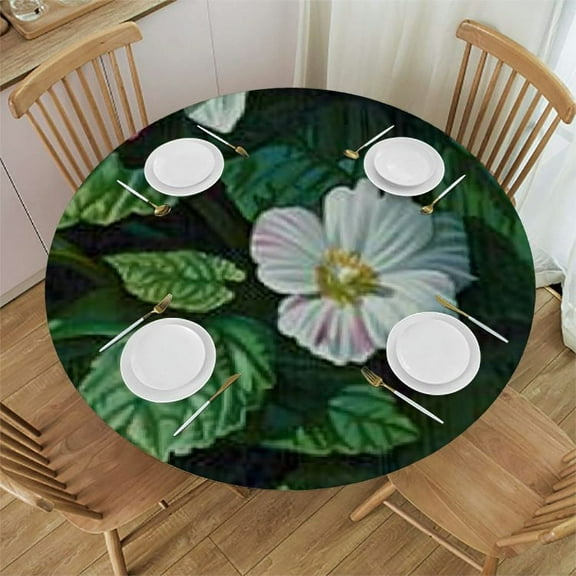 Qinduosi Cute Kitten Cat Flower Round Fitted Tablecloth with Umbrella Hole and Zipper Elastic Edge Table Cover Waterproof Circle Tablecloth for Outdoor Dining Party Holiday White