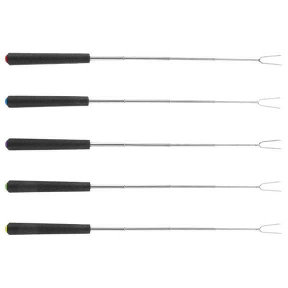 unbranded 5 Pcs Colorful Plastic Handle Stainless Steel Bbq Forks Roasting Sticks For Hot Dogs And Marshmallows Campfire And Bonfire Cooking