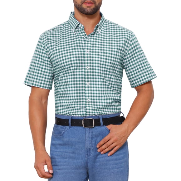 INSPIRE CHIC Men's Shirts Point Collar Short Sleeve Plaid Button Business Dress Shirt XL Green White