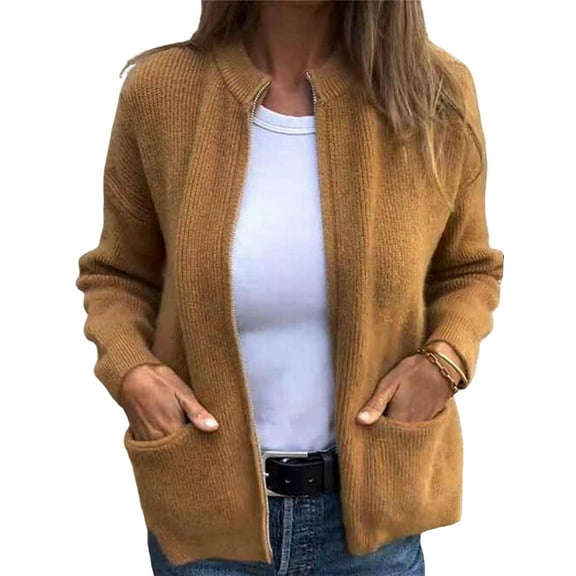 Women'S Zip Up Knit Cardigan Long Sleeve Stand Collar Sweater Outwear Coat with Pockets Yellow L
