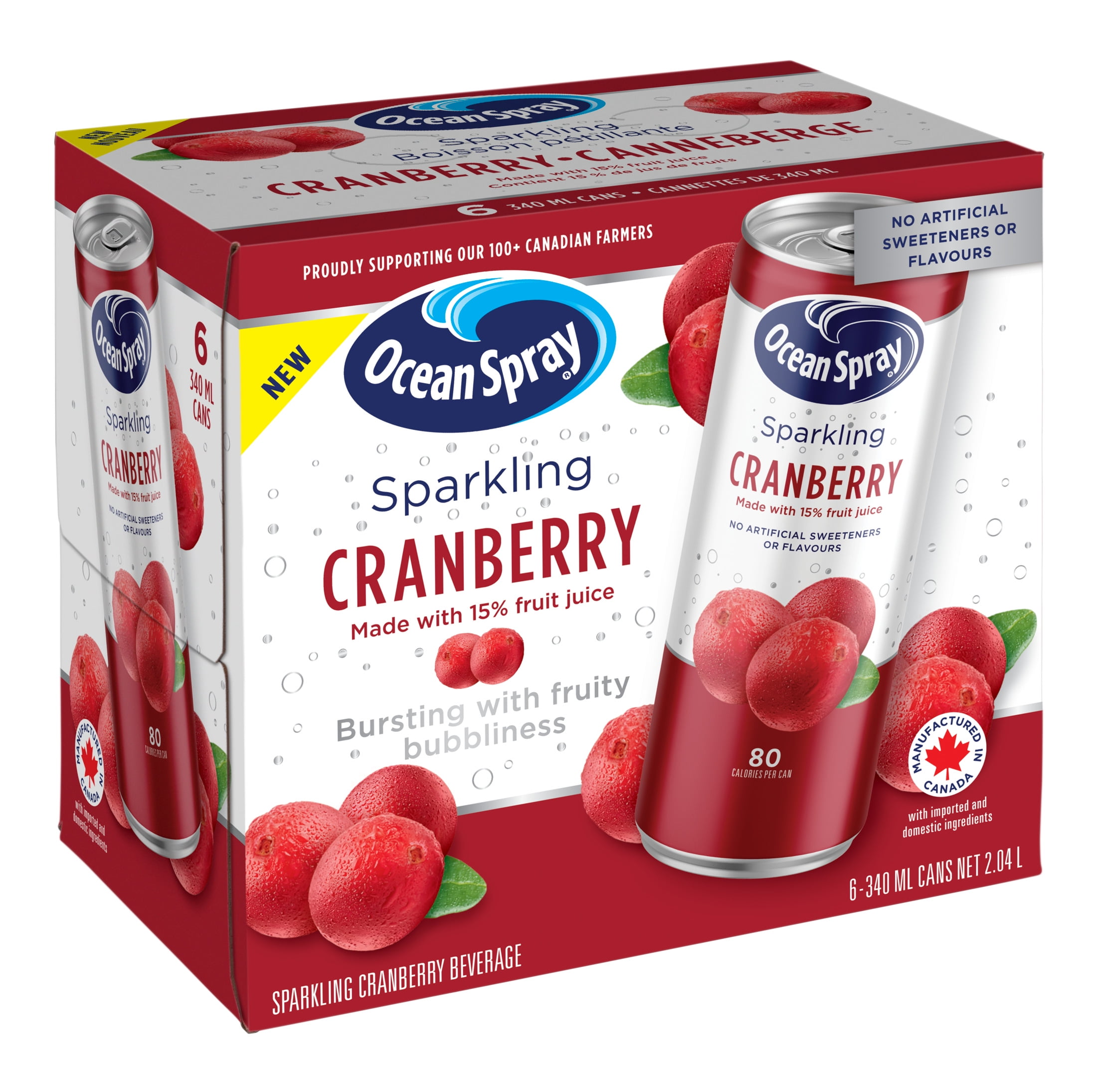 Ocean Spray Sparkling Cranberry 6PK, 340ml Cans, No allergens, Recyclable