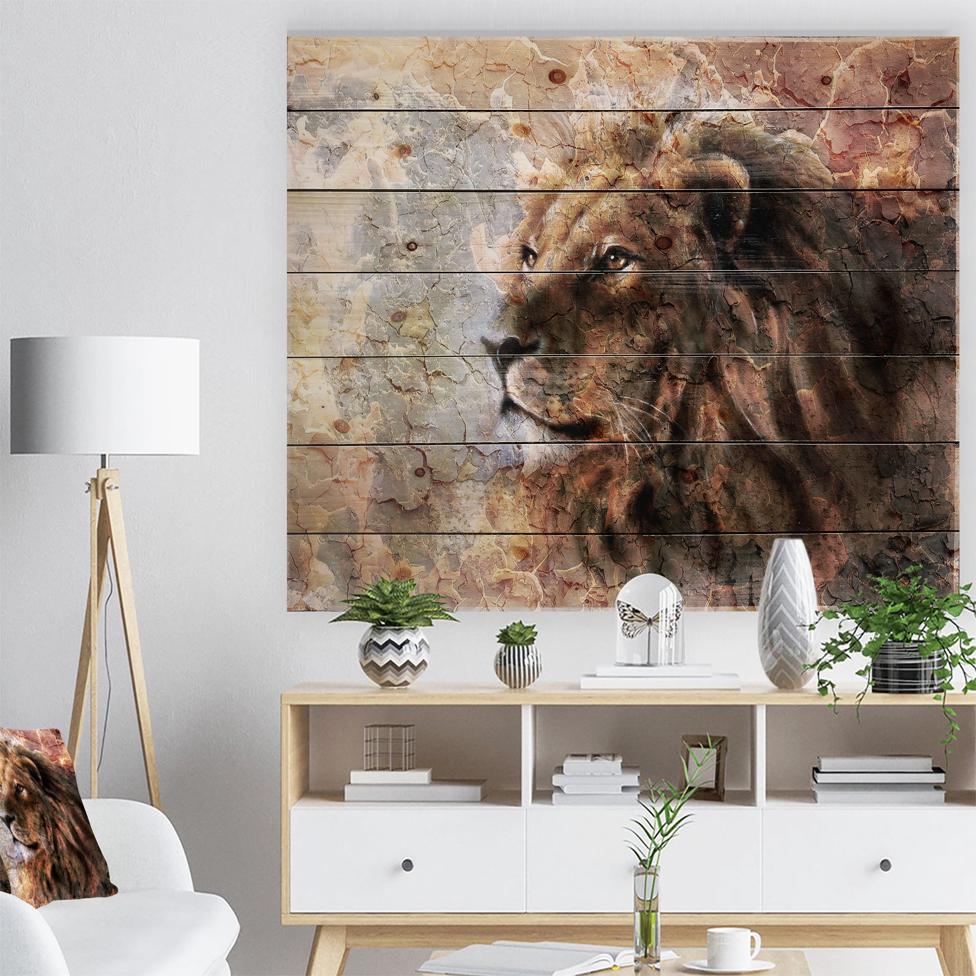 Designart 'Peaceful Lion' Animal Art Print on Natural Pine Wood