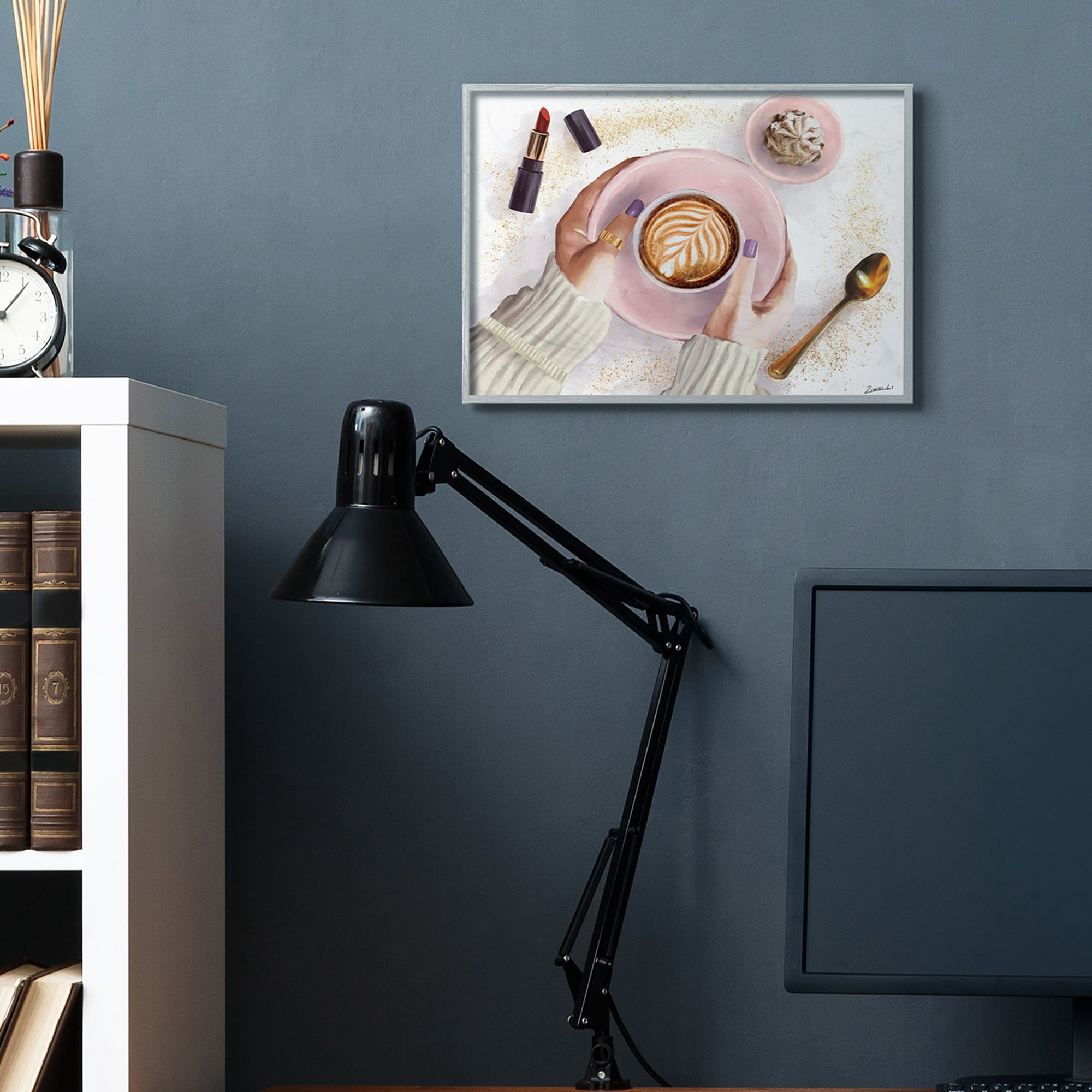Stupell Industries Café Cappuccino Cup with Glam Fashion Lipstick Grey Framed, 16 x 20, Design by Ziwei Li