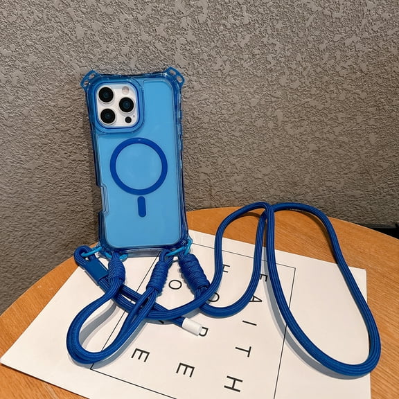 for iPhone 13 Magnetic Case, Compatible with MagSafe, Clear PC TPU Shock-Resistant Anti-Scratch Lightweight Non-Slip Drop Protective Slim Thin Cover with Wrist Strap Shoulder Strap, Blue