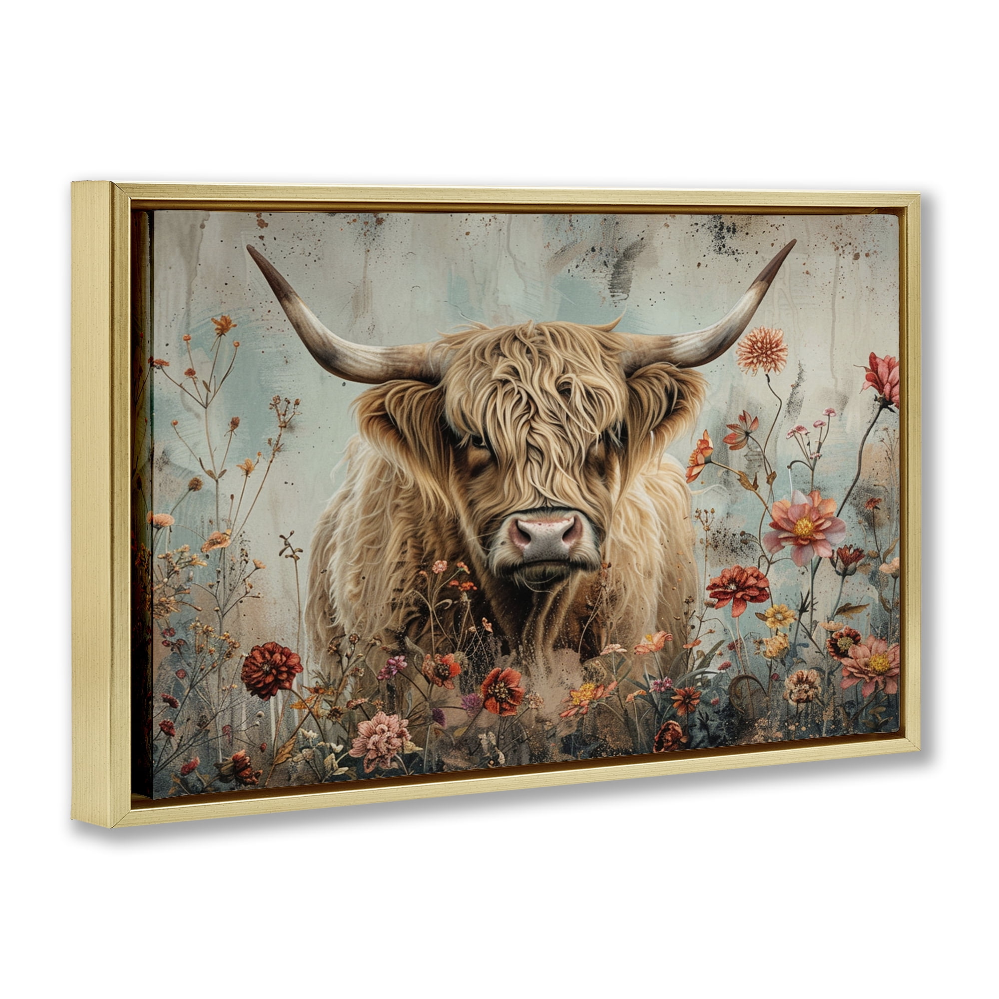 Stupell Industries Spring Blooms Highland Cow Animals Painting Gold Floater Framed Canvas Art Print Wall Art, 31 x 21