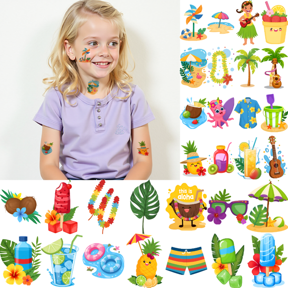 54 Temporary Tattoo Stickers Waterproof Long-lasting Body Stickers Hawaiian Beach Coconut Tree Ice Cream Swimming Ring Kids Boys Girls Tattoo Stickers Arm Forearm Shoulder Cheek