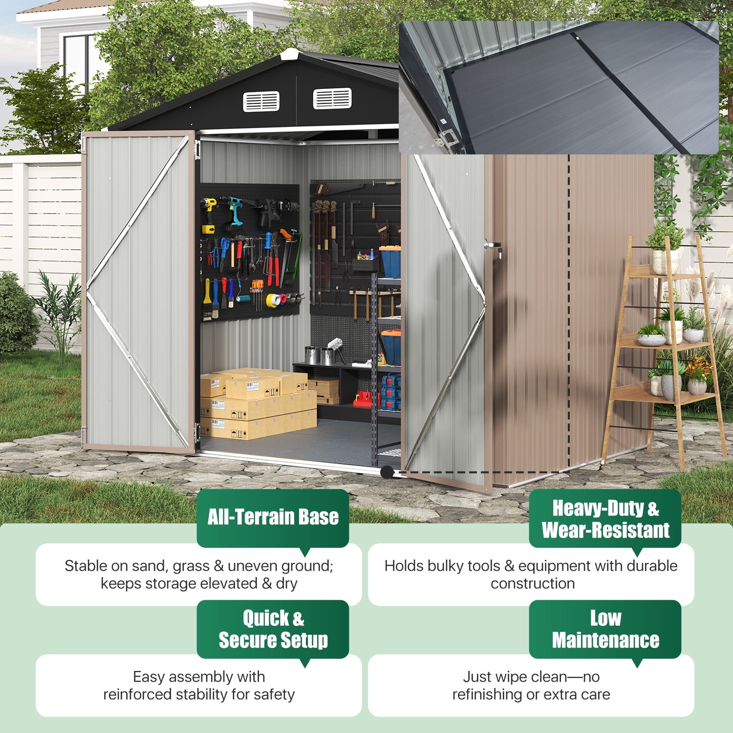 Clouddwell 8 x 6 ft Storage Shed with Floor (15mm) & Double Doors - Galvanized Steel, Brown