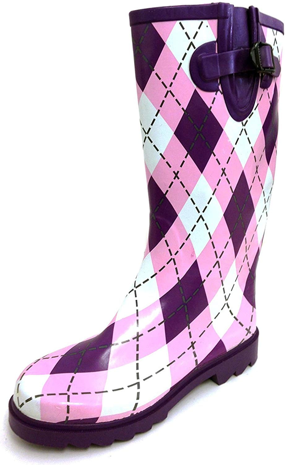 purple plaid rain boots