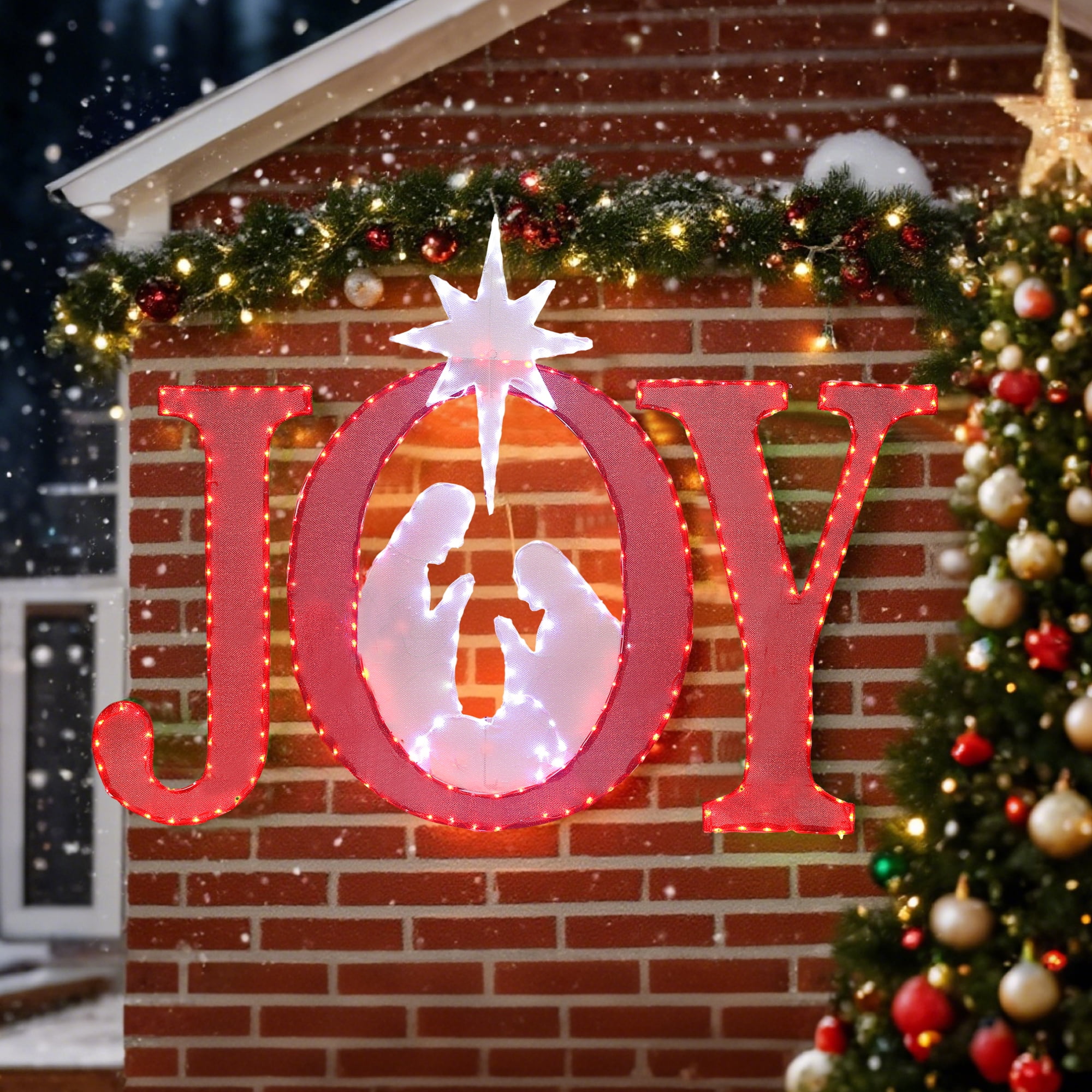 Starfree 49-inch Outdoor JOY Christmas Nativity Decoration Large Lighted JOY Sign Christmas Holiday Decorations Twinkling LED Hang/Stand Yard Signs