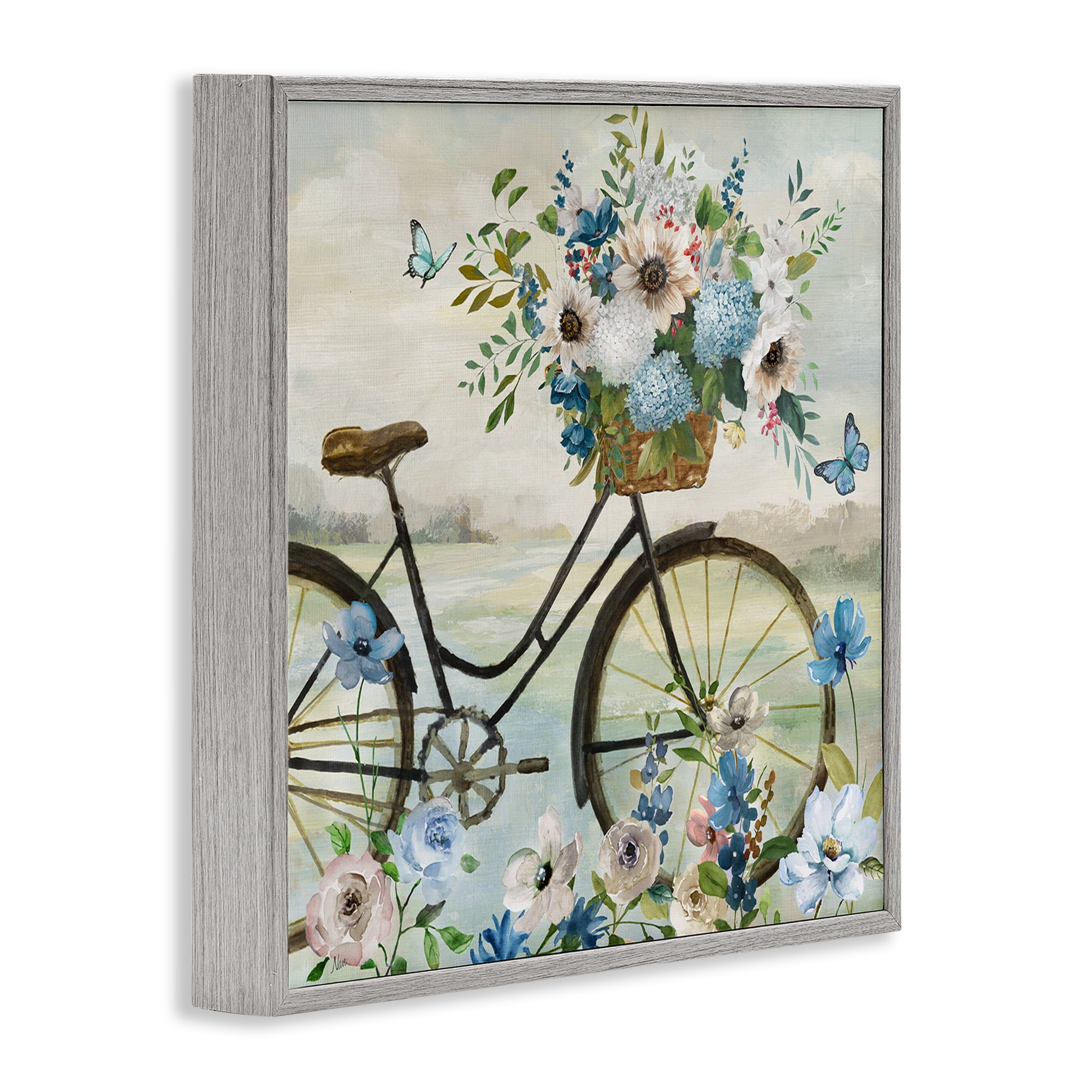 Stupell Industries Floral Bicycle & Butterflies Transportation Painting Gray Framed Art Print Wall Art, 24 x 24