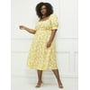 ELOQUII Elements Women's Plus Size Blossom Print Fit and Flare Dress with Puff Sleeves