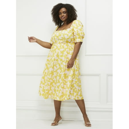 ELOQUII Elements Women's Plus Size Blossom Print Fit and Flare Dress with Puff Sleeves