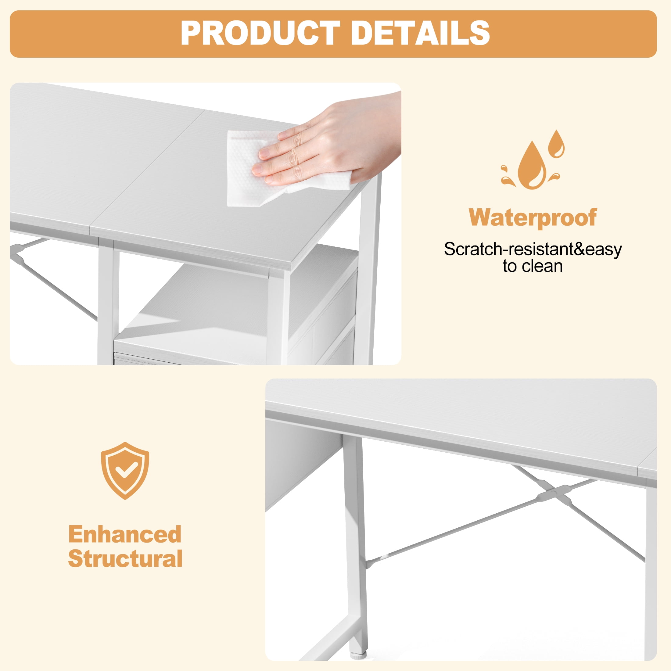 EDX 40 Inch Computer Desk with 3 Drawers, Writing Desk with Side Storage Pocket, for Home Office, Bedroom , White