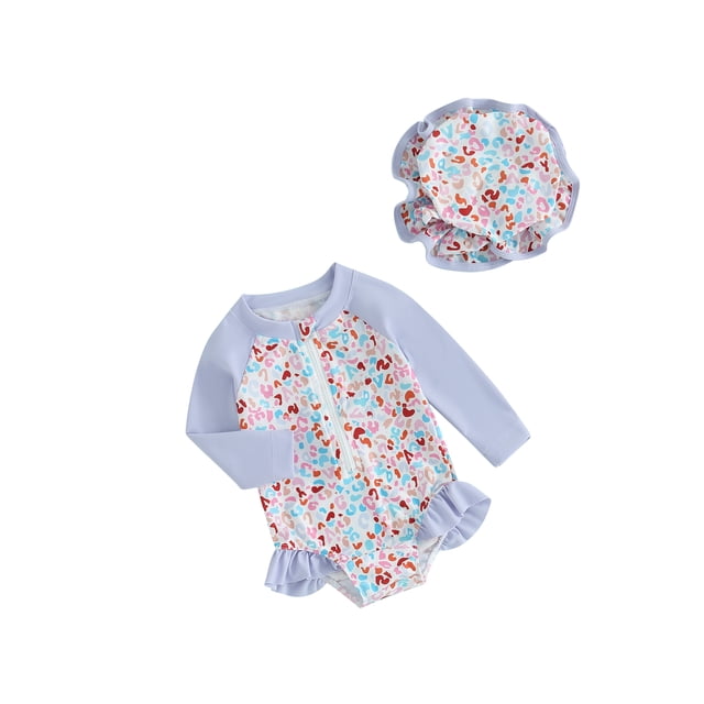 Diconna Toddler Girls Rash Guard Swimsuit Rompers Long Sleeve Patchwork Floral Print Baby Ruffles Bathing Suit Swimwear with Swim Cap
