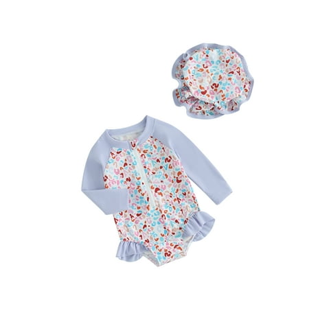

FEORJGP Toddler Girls Rash Guard Swimsuit Infant Long Sleeve Rompers Patchwork Floral Print Jumpsuit Zip Front Bodysuit Baby Ruffles Swimwear with Swim Cap Kids Cute Summer Bathing Suit