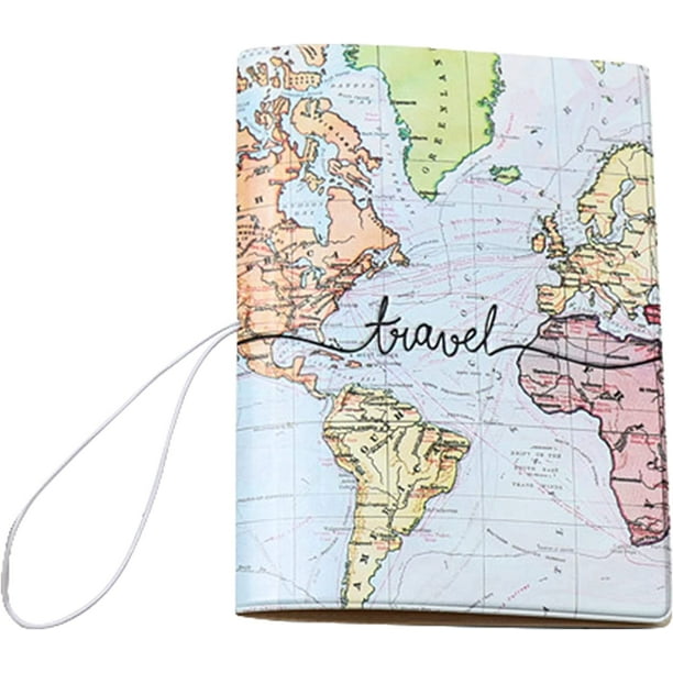 Funda para pasaporte con mapa del mundo, funda para pasaporte de viaje, billetera con tarjetero y cierre elástico.