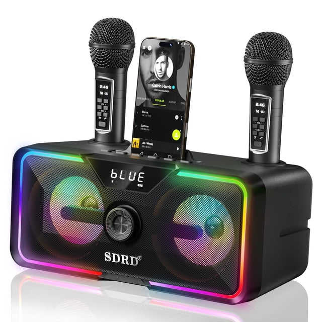 SDRD Karaoke Machine for Adults & Kids – 2 Wireless Mics, Powerful Loud Sound, Bluetooth, Rechargeable, Foldable Handle, LED