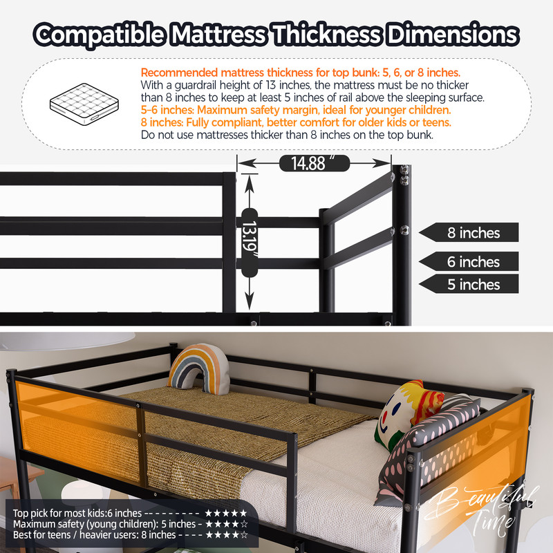 Twin Over Twin Metal Bunk Bed with Ladder, High Guardrails, Built-In Under Bed Storage Space, Sturdy Iron Frame, Noise-Reduced Design
