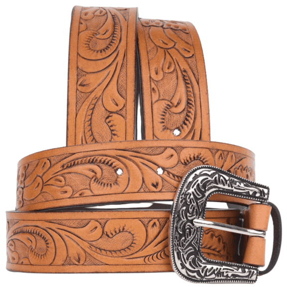 Resistance Women Western Leather Belt with Floral Engraved Buckle Full Grain Hand Embossed Cowgirl Belt 32-52 Plus Sizes