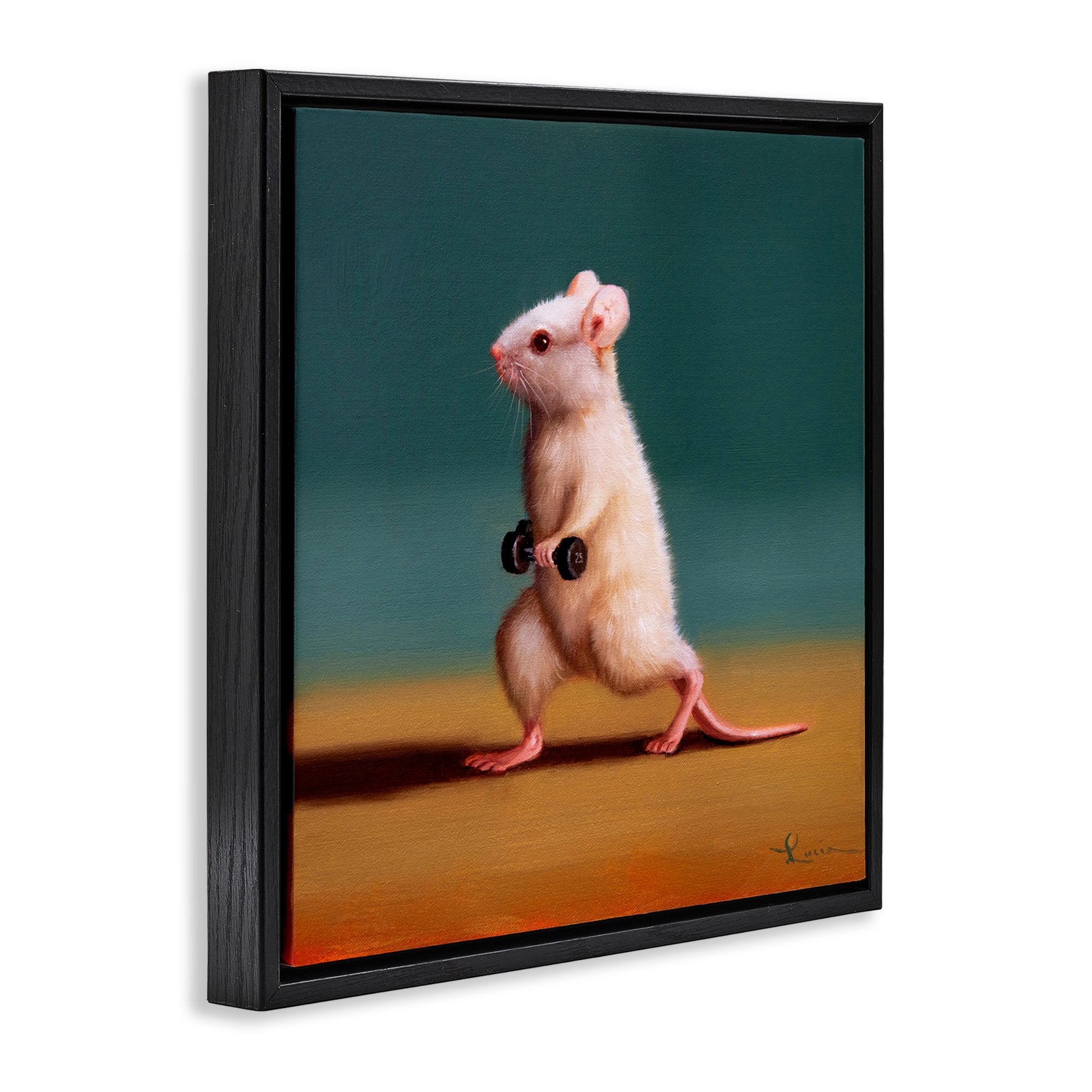 Stupell Industries Weight Exercising Mouse Animals Painting Black Floater Framed Canvas Art Print Wall Art, 18 x 18