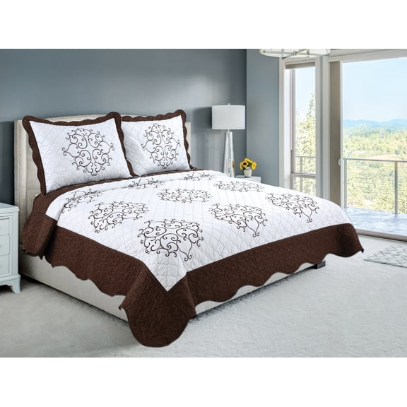 Couvre-lit brodé Marina Decoration, couvre-lit ultra doux et uni, parure de lit d'été avec taie d'oreiller matelassée, motif mandala marron