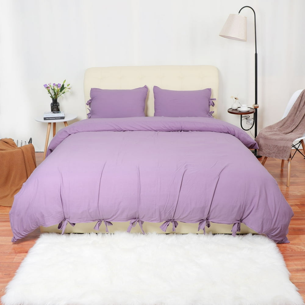Washed Cotton Comforter Duvet Cover Pillowcase Bedding Set Light Purple