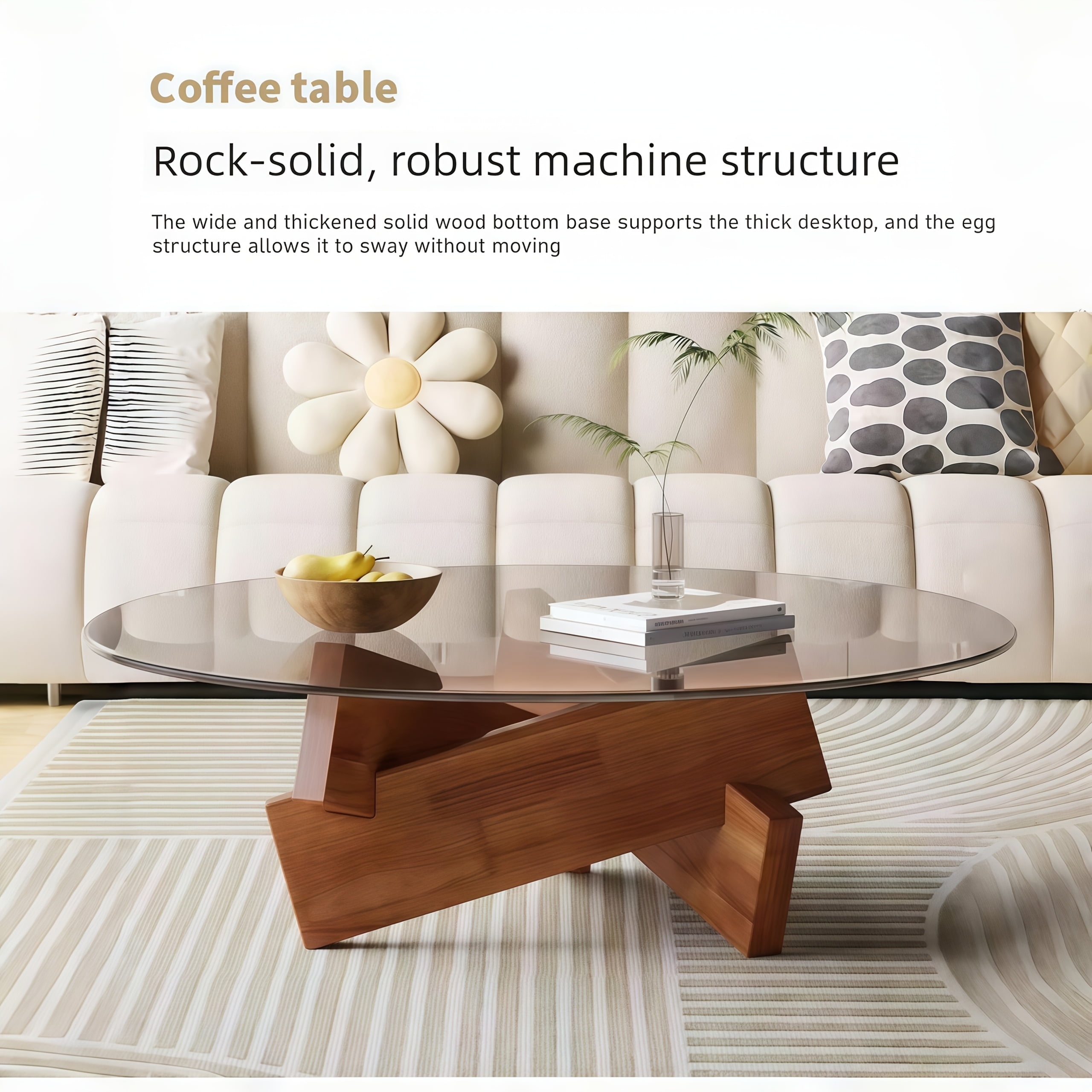 Round Modern Coffee Table for Living Room, Coffee Tables for Living Room with Glass Top and Cross Solid Wood Legs, Multifunctional Low Table for Apartment, Bedroom(Brown,80 * 80 * 31cm)