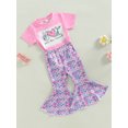 thumbnail image 3 of Seyurigaoka Toddler Baby Girls Pants Set Short Sleeve Crew Neck Graphic Letters Print T-shirt with Fish Scales Print Flare Pants, 3 of 8