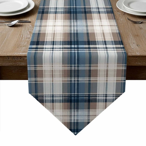 Blue Brown Plaid Table Runner Linen Burlap Table Runner 72 Inches Long Vintage Abstract Stripes Lattice Dresser Scarves for Kitchen Island Coffee Dining Room Party Wedding Holiday Decoration 16"x72"