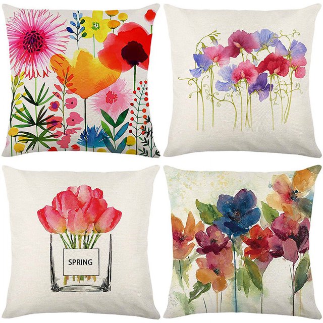 Funda de almohada Funda de almohada decorativa con estampado de flores primaverales coloridas alrededor de conejo Funda de cojín para decoración del hogar Funda de almohada de lino y algodón de 18.0 x