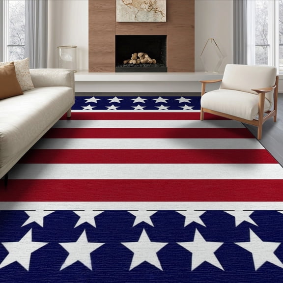 ODIKA 8'x10' Washable Area Rug Non-Slip Chair-Friendly Mat Patriotic Stars Stripes Memorial Independence Halloween Plaid for Dining Room, Large Office, Lounge
