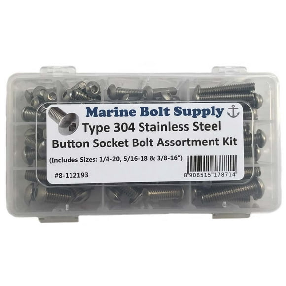 Type 304 Stainless Steel Button Socket Bolt Assortment Kit (1/4", 5/16" & 3/8") Marine Bolt Supply 8-112193