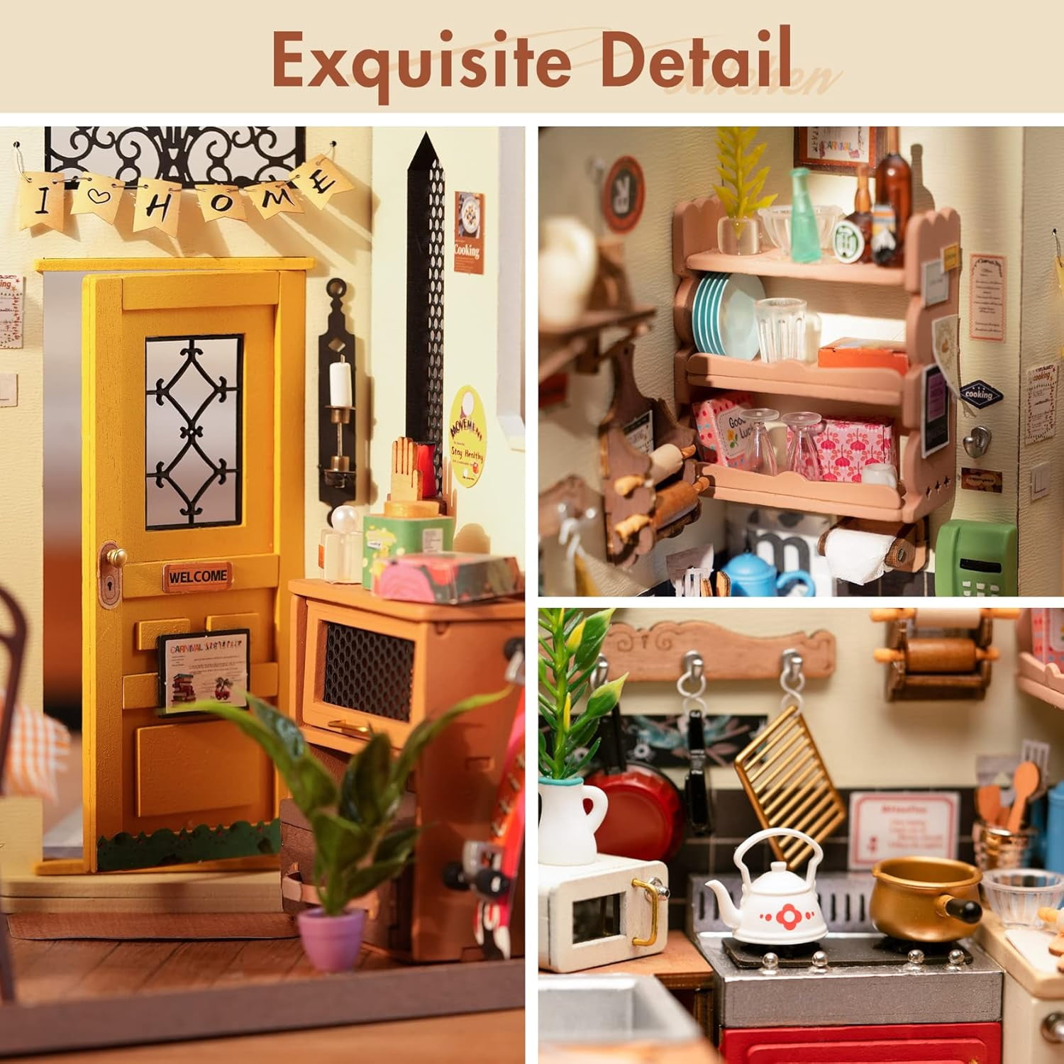ROBOTIME Cozy Kitchen DIY Miniature House Kit,Mini Wooden Dollhouse Craft Kits for Home Decor,Tiny House Building Kits Gifts for Teens Adults