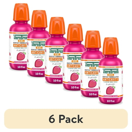 (6 pack) TheraBreath Kids Mouthwash with Fluoride, Organic Strawberry Splash, Anticavity, 10 fl oz