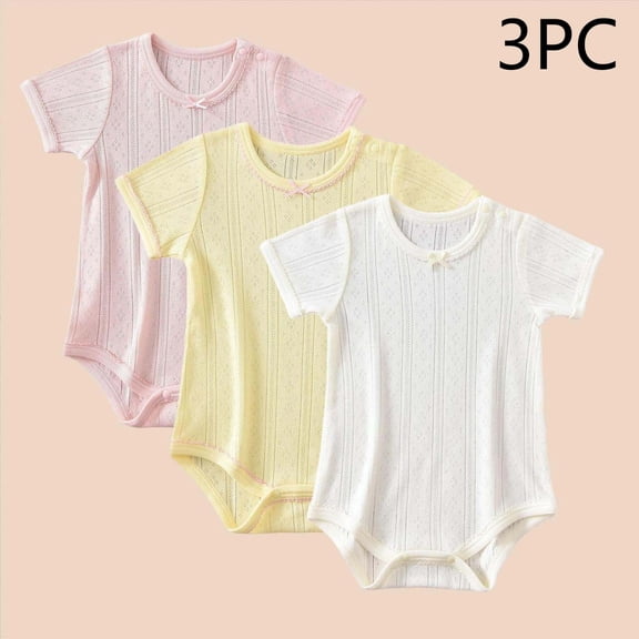 Mifsaly 3 Pack Infant Baby Short Sleeve Bodysuits Toddler Cotton Bodysuit Breathable Pointelle Knit Shoulder Snap & Bottom Closure Newborn Basic Clothes