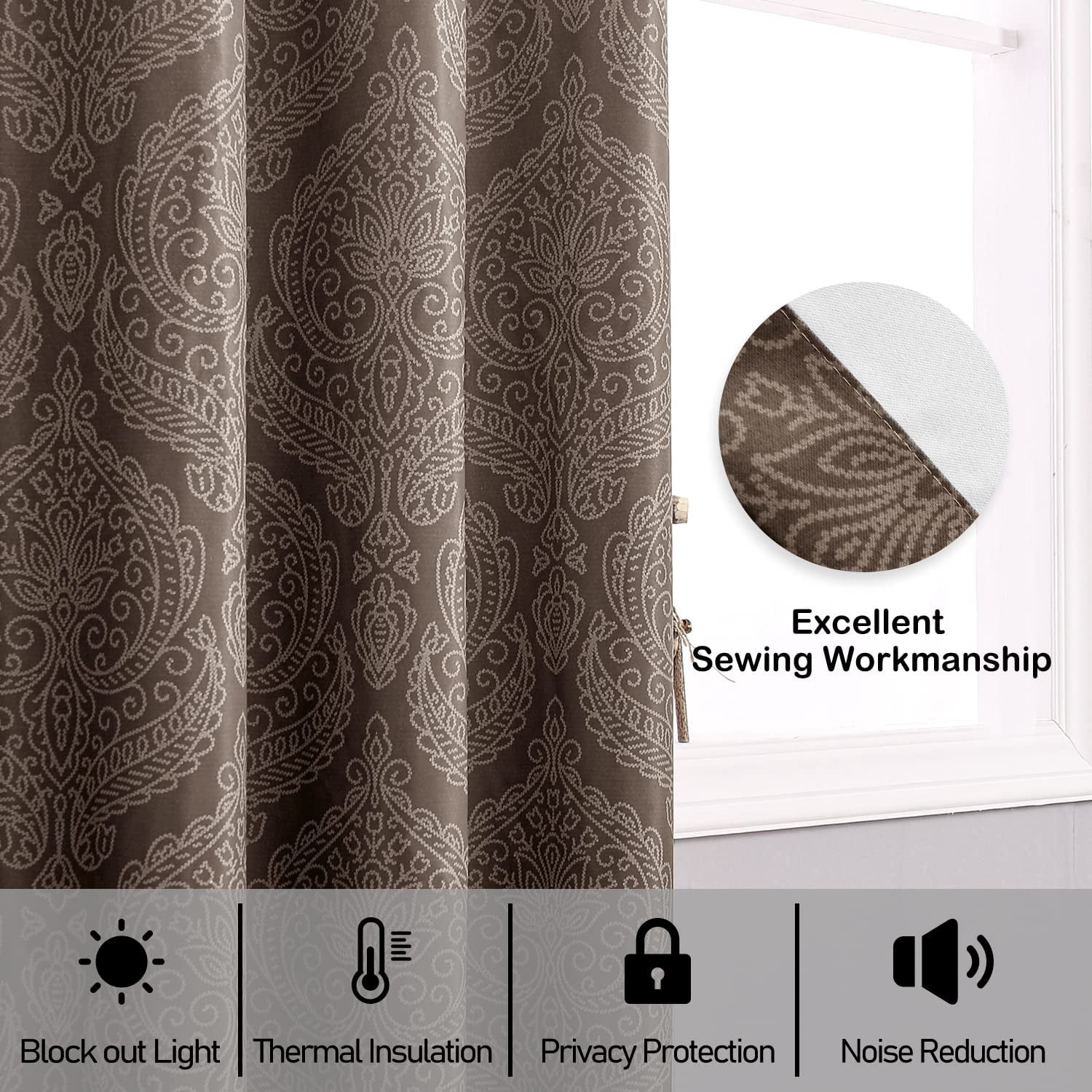 JIUZHEN Ombre Blackout Curtains for Bedroom - Grommet Top Thermal Insulated Room Darkening Window Drapes for Living Room, set of 2 Gradient Damask Curtain Panels, 52 x 96 Inches Long, Brown