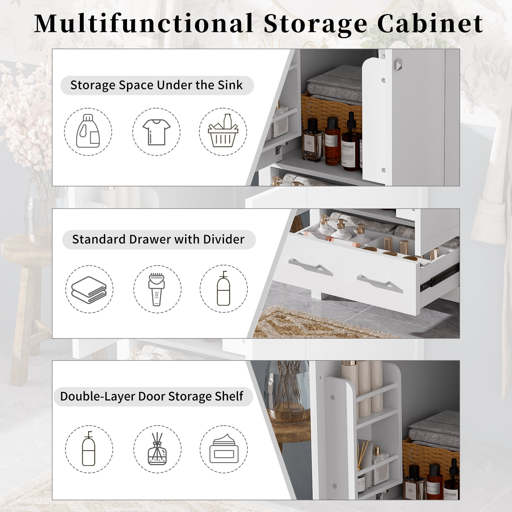 24" Bathroom Vanity with Integrated Ceramic Sink, 2 Doors with Shelves and Divider Drawer, White Finish for Organization