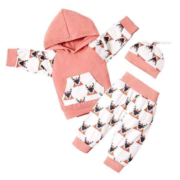 SYNPOS 3-18M Newbron Baby Girls Romper Infant Dear Long Sleeve Bodysuit Jumpsuit Pant Hat 3PCS Outfits Set.
