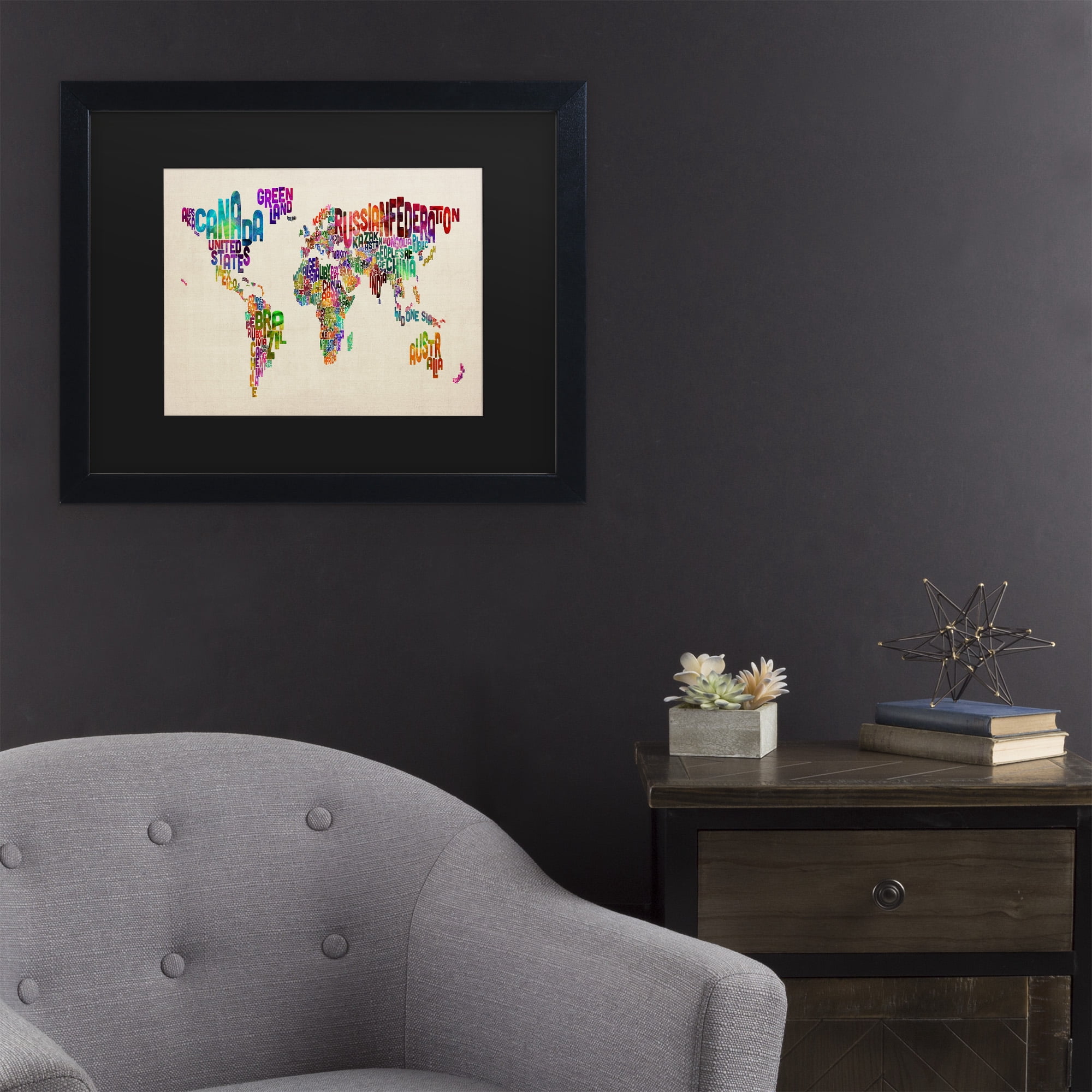Trademark Fine Art Maps Matted Framed Art ' Typography World Map Ii ' by Michael Tompsett