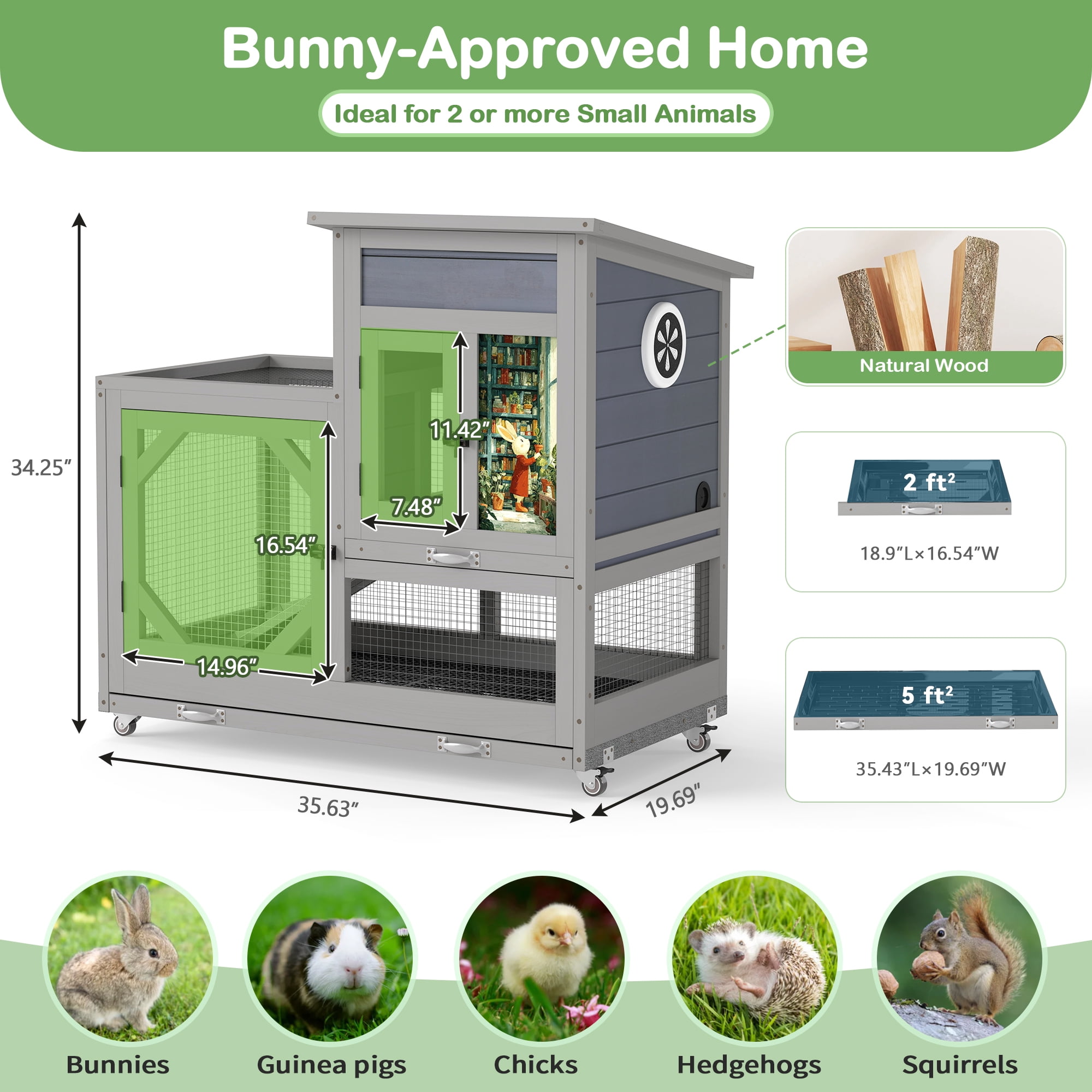 COZIWOW Wooden Rabbit Hutch on Wheels 2-Tier Indoor Bunny Cage Cleaning Trays and Run Gray