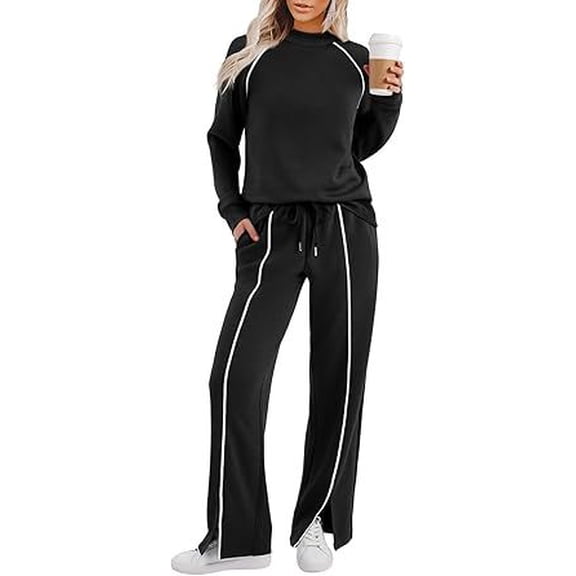 EASYBRAUS Women 2 Piece Sweatsuit Set Long Sleeve Crewneck Sweatshirt Wide Leg Split Pants XS-XXL