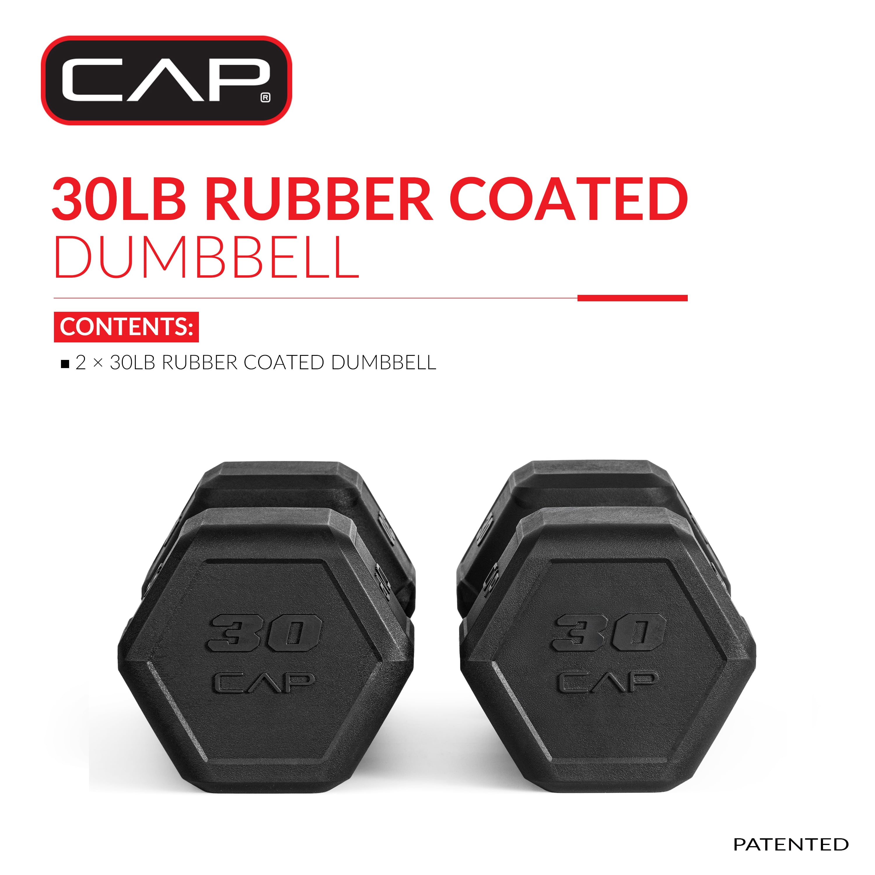 CAP 30 lb Premium Rubber Hex Dumbbell Pair, Chrome Handle, Home Gym Hand Weights