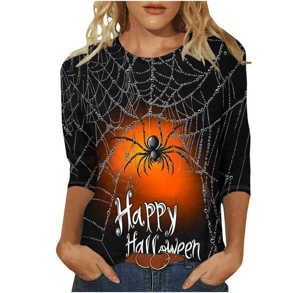 Halloween Shirts for Women Cute Pumpkin Ghost Graphic Tees 3/4 Sleeve Tops Loose Casual Crewneck Blouses Tshirts 2025