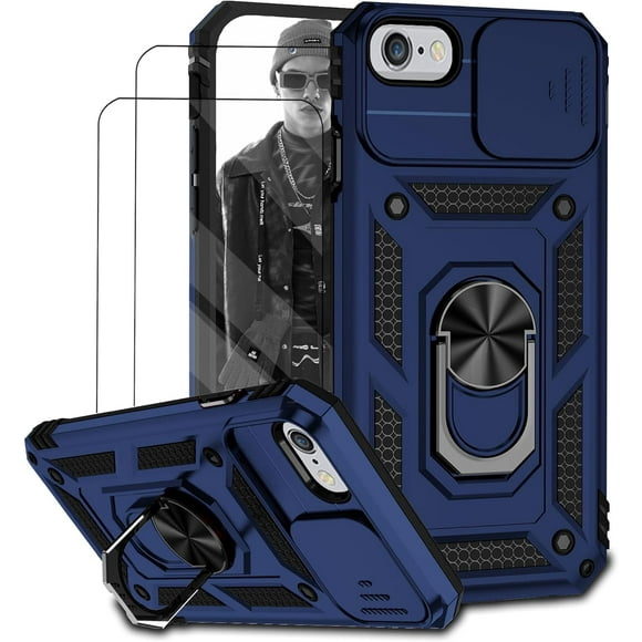 UTAH-Case for iPhone 6/7 / 8 / SE Phone Case Cover - Includes 2 Tempered Protective Films with Sliding Window Camera Protection and Phone Holder - Blue