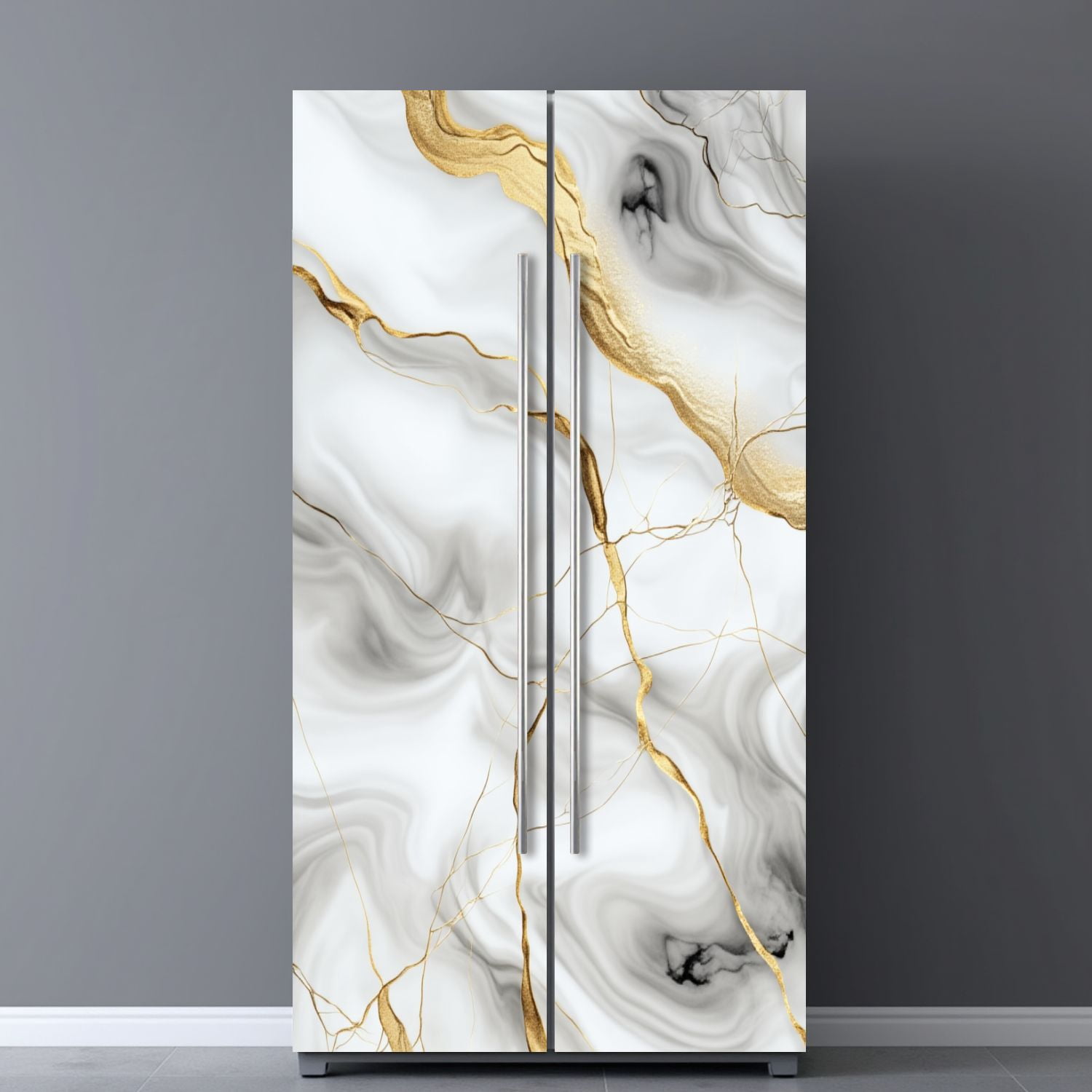 Self Adhesive Vinyl Refrigerator Wrap Set Elegant Black White Marble Gold Veins Abstract Design Door Mural Removable Fridge Sticker Peel and Stick&nbsp;Full Door Cover Decal Kitchen Bar Decor