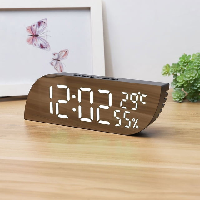Digital Electronic Clock with Temperature Humidity Display & Auto Brightness LED Mirror Screen Alarm for Home Office Desk